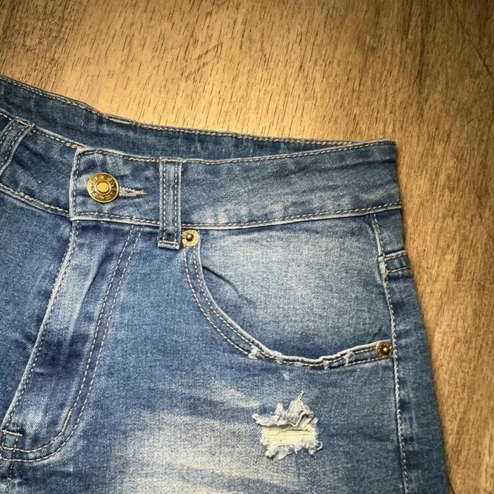 Unbranded Blue Denim Mini Skirt Frayed Hem Button Fly Size S Cutoff Y2K‎ Summer